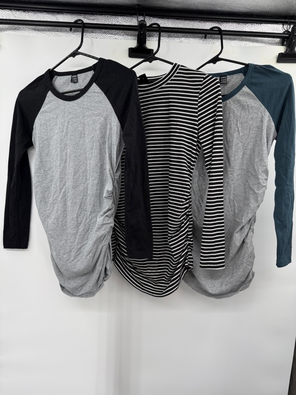 Lot of 3 Long Sleeve Maternity Small Tops Gray/Black & Gray/Teal Raglan, Striped